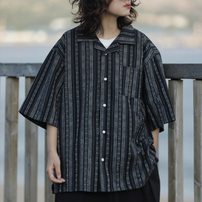日系復古棉麻條紋短袖襯衫休閒古巴領寬鬆半袖襯衣