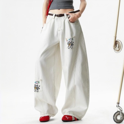 白色小雛菊彩繪印花彎刀牛仔褲女2026春季復古多口袋解構闊腿褲