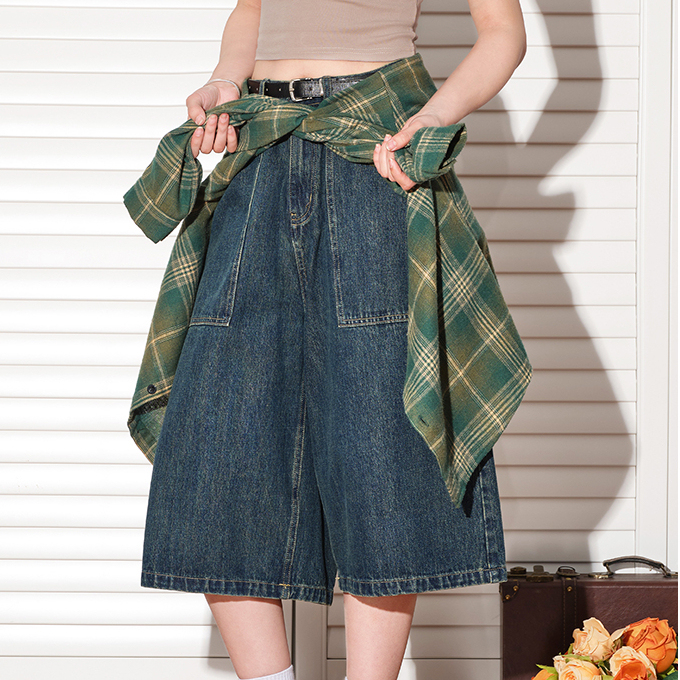 美式復古解構設計七分褲女夏寬鬆闊腿休閒短褲牛仔褲