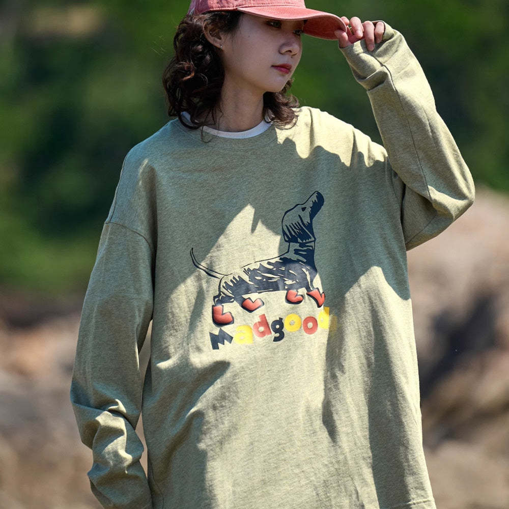 日系190克彩點棉寬鬆圓領塗鴉小狗印花長袖T恤