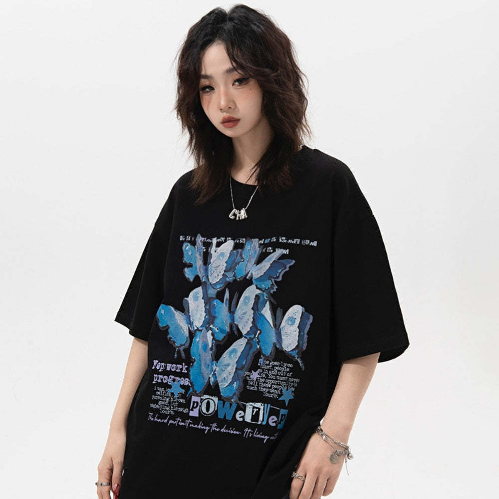 復古蝴蝶印花短袖t恤女夏季2025新款純棉國潮寬鬆半袖上衣