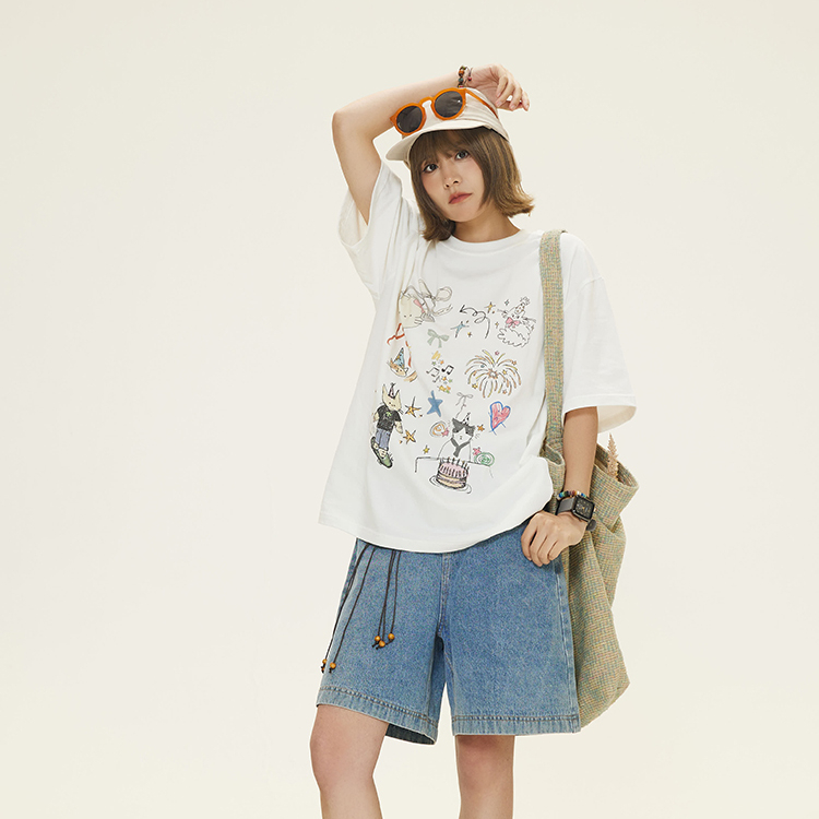 夏季小眾顯瘦素描印花短袖T恤女2025新款休閒T賉