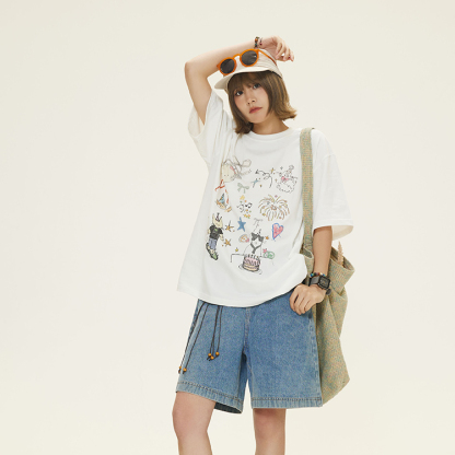 夏季小眾顯瘦素描印花短袖T恤女2025新款休閒T賉