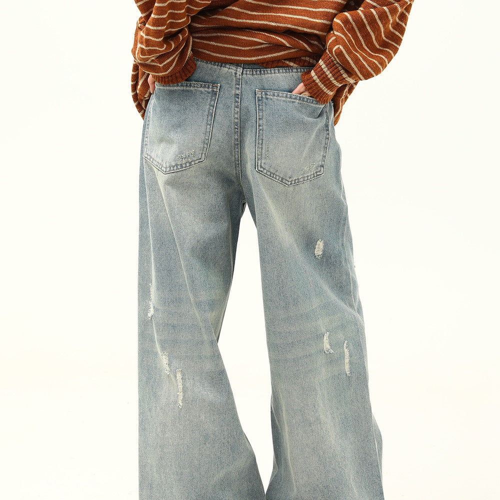 美式復古做舊磨破設計感牛仔褲女寬鬆闊腿拖地老爹褲子