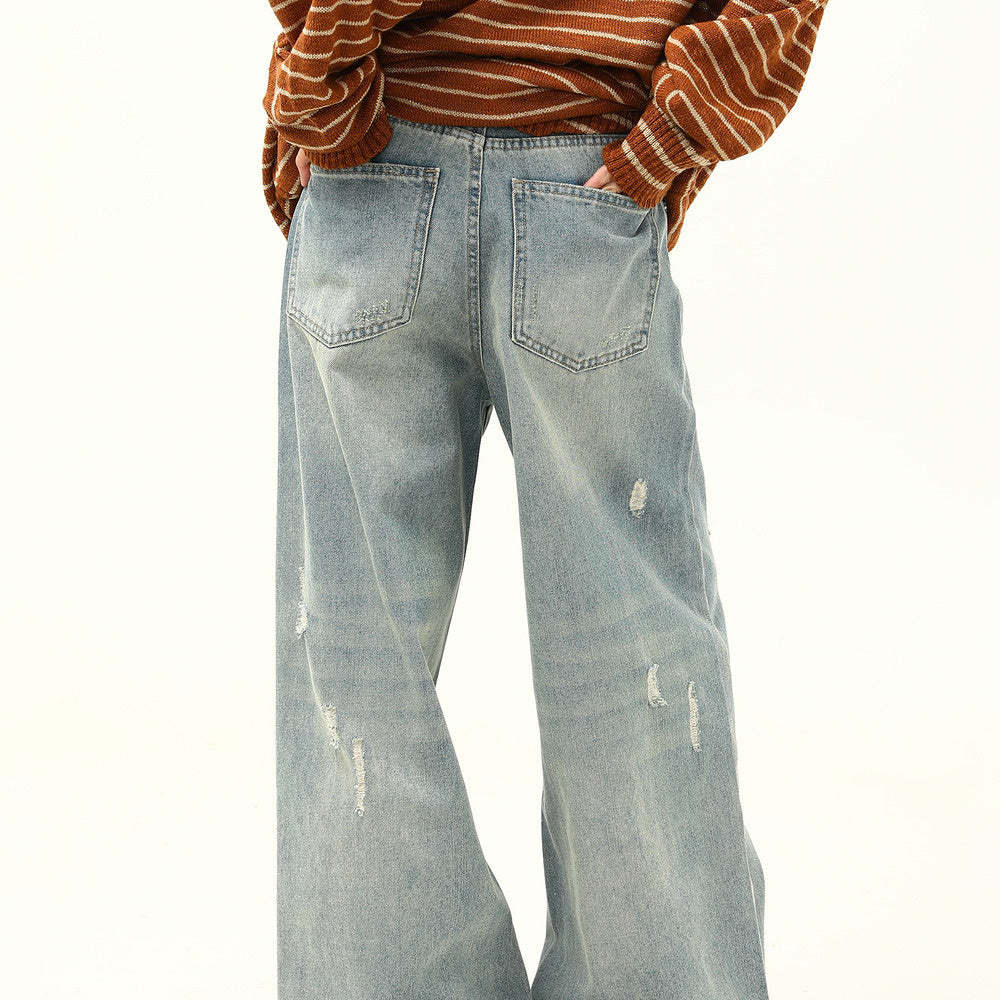 美式復古做舊磨破設計感牛仔褲女寬鬆闊腿拖地老爹褲子