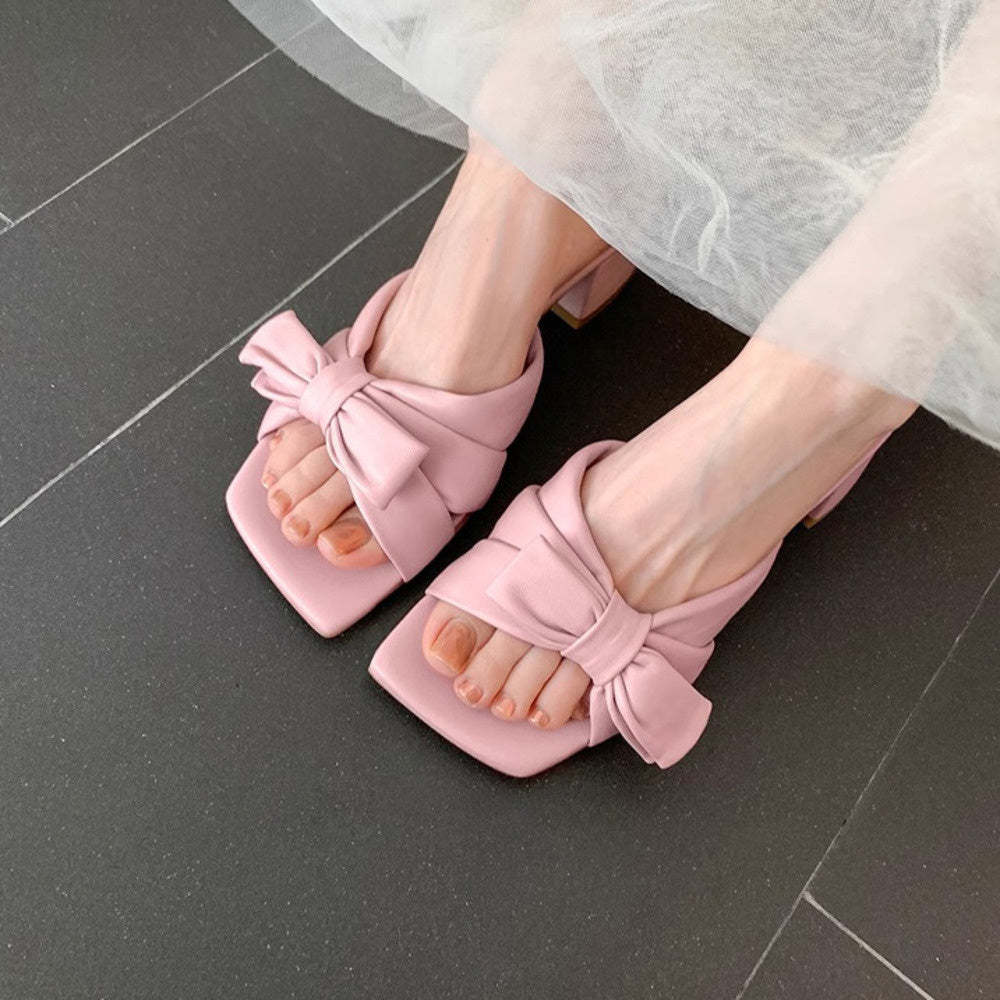 方頭蝴蝶結粗跟拖鞋女羊皮褶皺露趾穆勒一字涼拖外穿夏