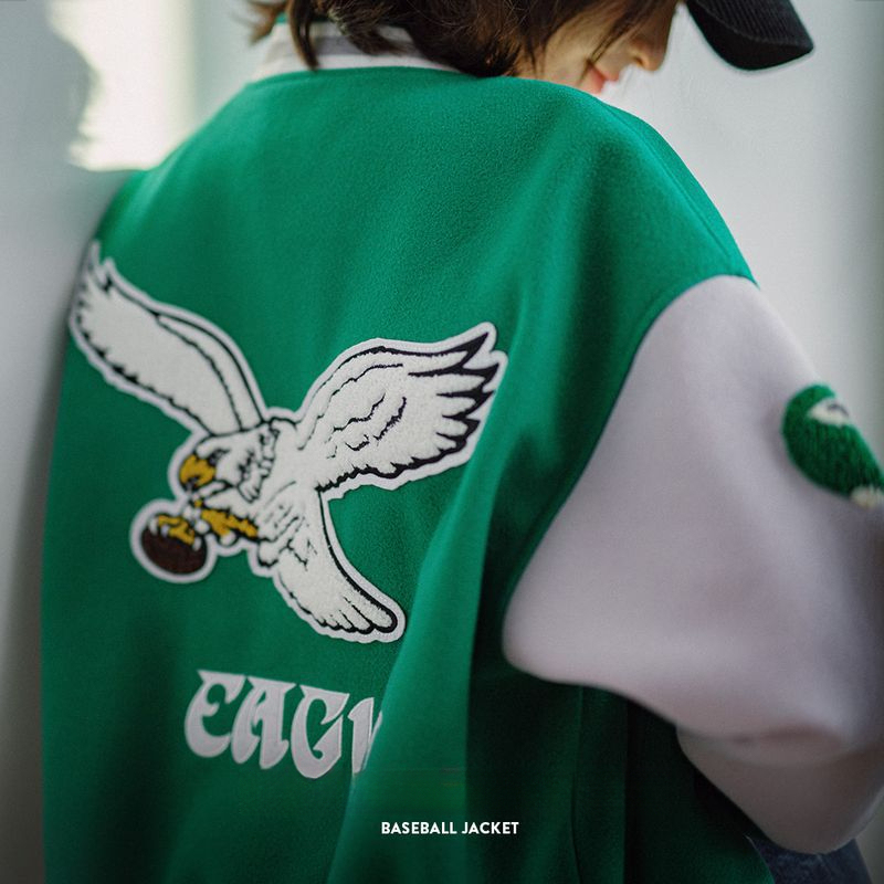 馬登女裝 美式撞色拼接棒球服外套復古休閒毛呢夾克刺繡厚短上衣秋冬女