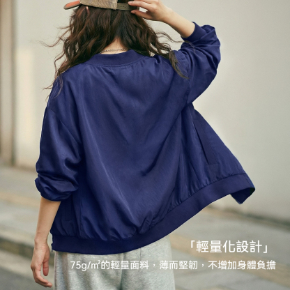 深藍色美式復古輕薄款飛行員夾克棒球立領休閒工裝外套女士春