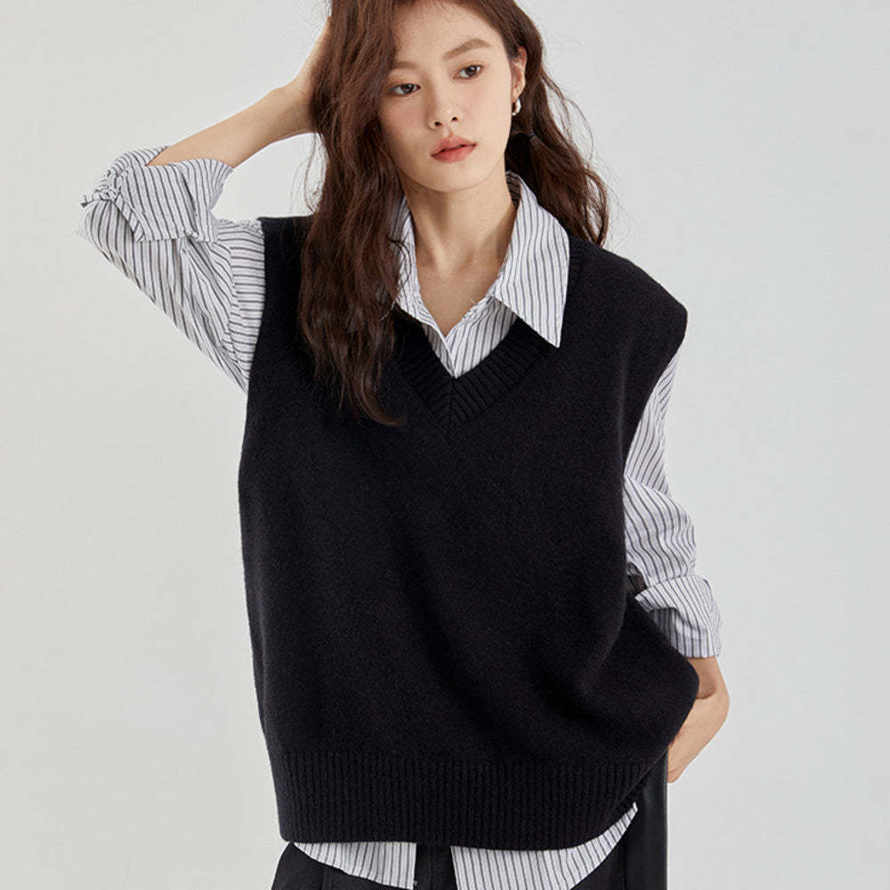 V領針織馬甲背心女早秋疊穿無袖毛衣毛線坎肩馬夾