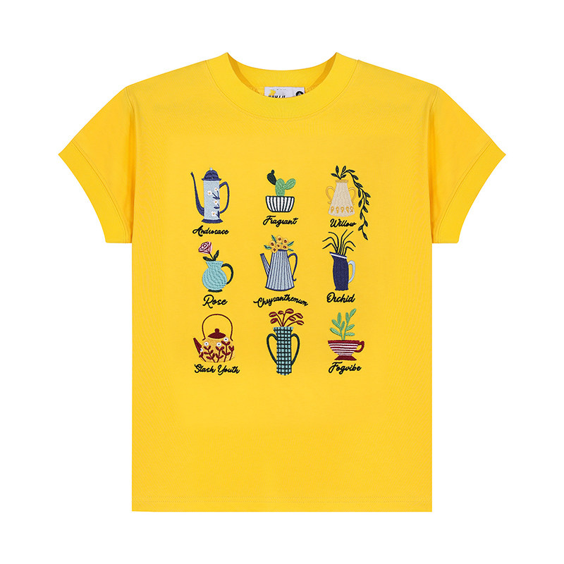 美式復古盆栽刺繡設計感正肩短袖T恤女短寬版小飛袖上衣