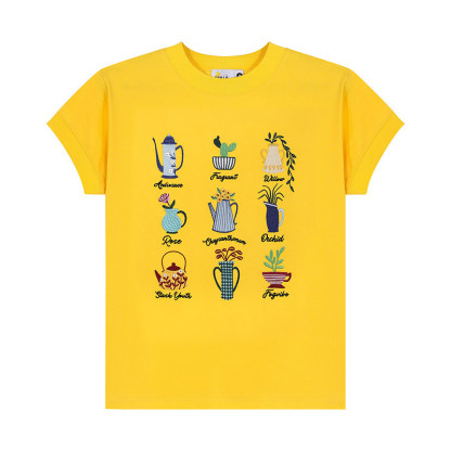 美式復古盆栽刺繡設計感正肩短袖T恤女短寬版小飛袖上衣