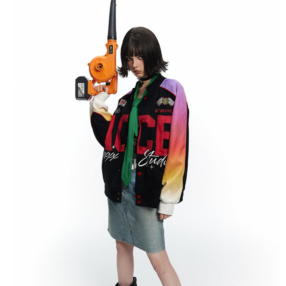 霓虹光影麂皮絨棒球服外套女寬鬆百搭賽車服夾克
