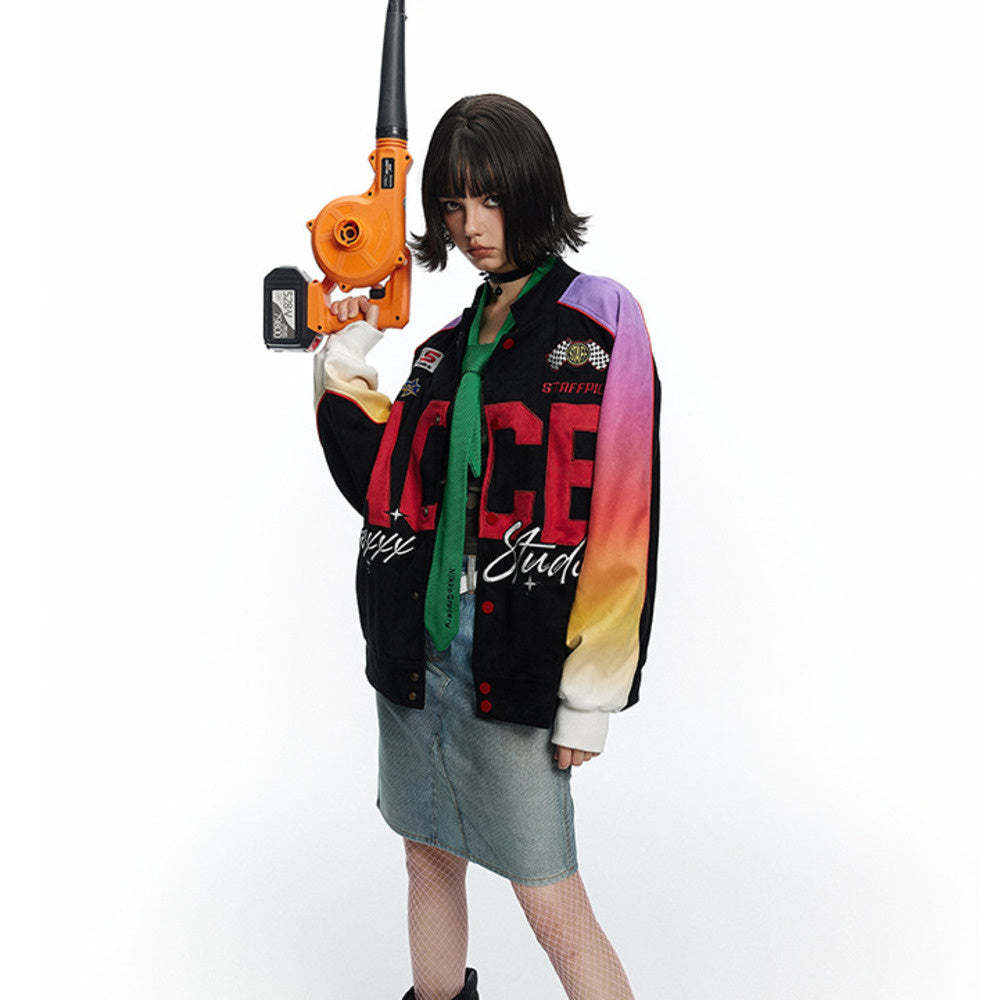 霓虹光影麂皮絨棒球服外套女寬鬆百搭賽車服夾克