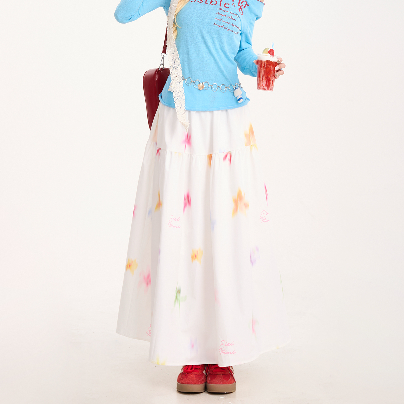 甜美暈染花卉印花半身裙女夏季少女氣質寬鬆A字百搭長裙