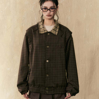 美式復古vintage拼接格子襯衫外套女春秋Cleanfit上衣