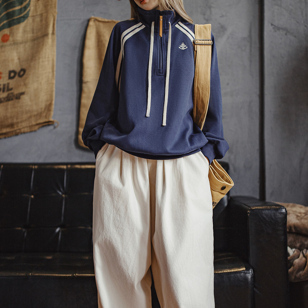 美式復古學院風藏青色半拉鍊立翻高領套頭長袖無帽衛衣女士秋