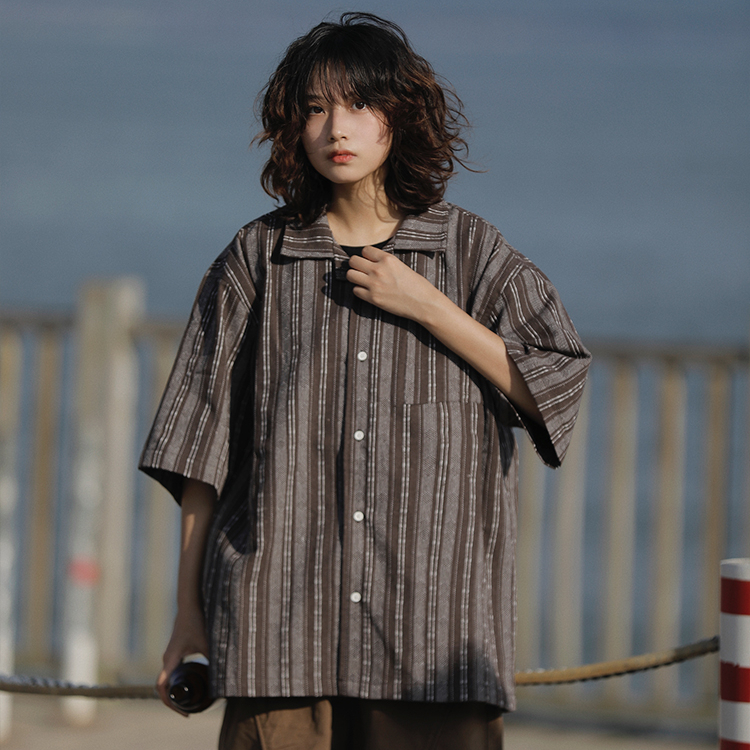 日系復古棉麻條紋短袖襯衫休閒古巴領寬鬆半袖襯衣