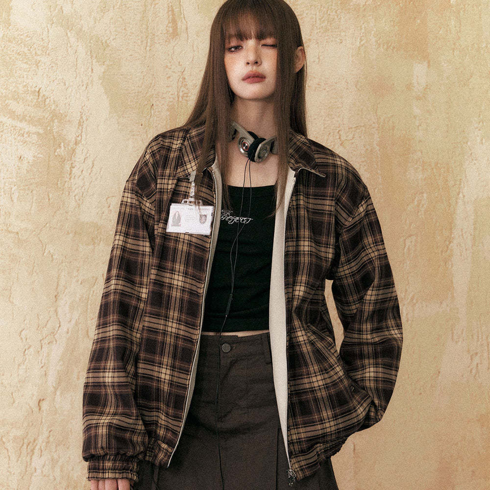 美拉德復古格子外套女春秋拉鍊長袖兩面穿百搭夾克上衣