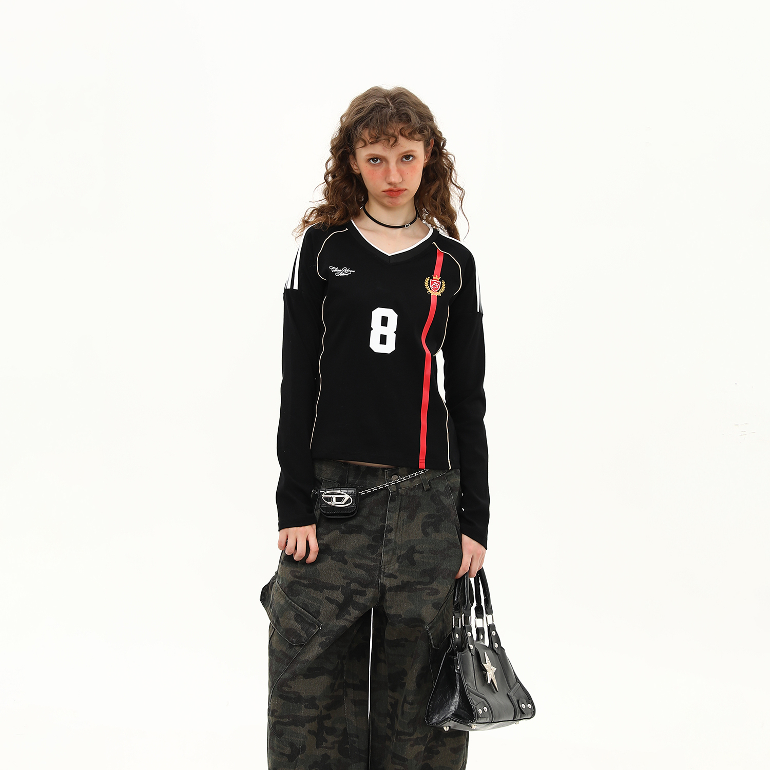 美式復古球衣V領辣妹長袖正肩T恤女秋季短款顯瘦修身上衣