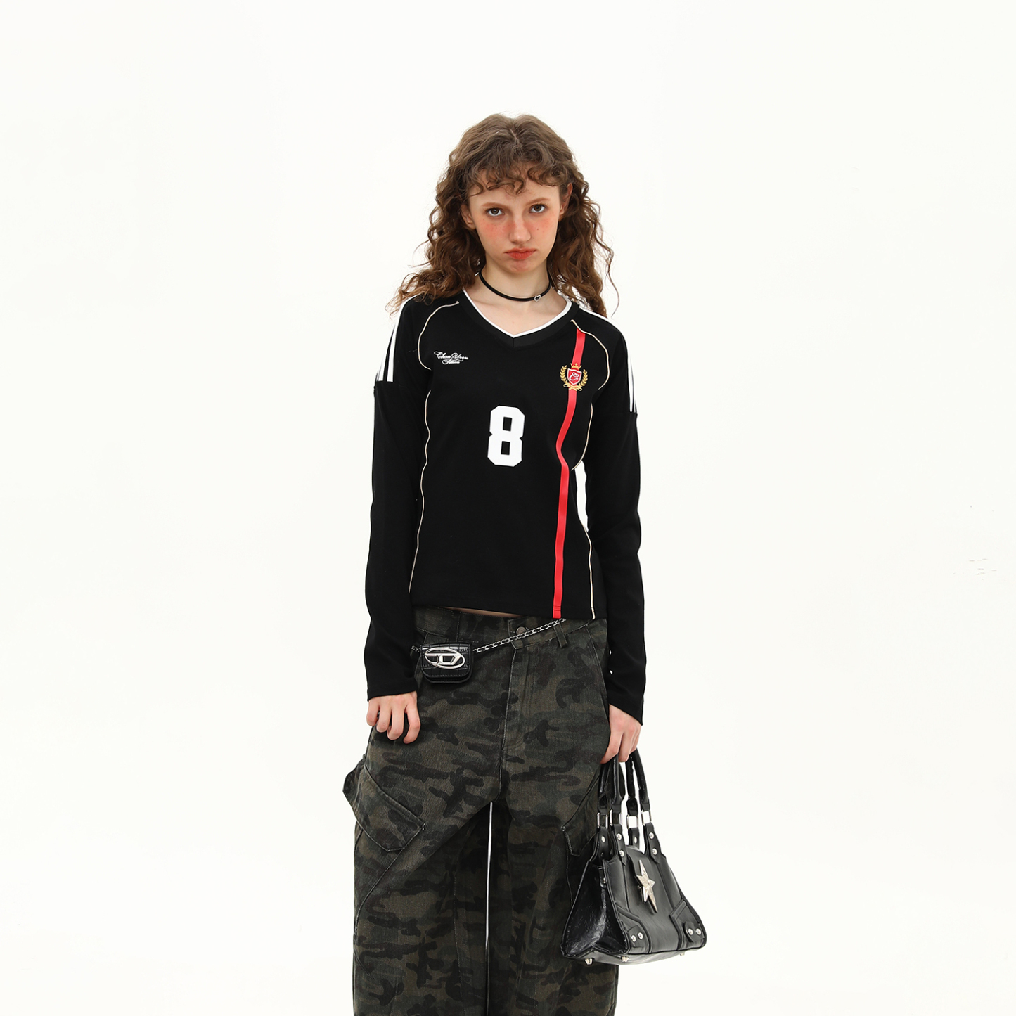 美式復古球衣V領辣妹長袖正肩T恤女秋季短款顯瘦修身上衣