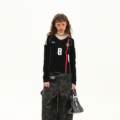 美式復古球衣V領辣妹長袖正肩T恤女秋季短款顯瘦修身上衣