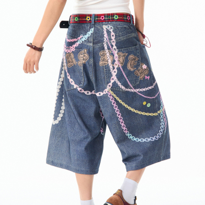 復古趣味印花3D彩色鏈條七分牛仔褲女美式休閒百搭短褲