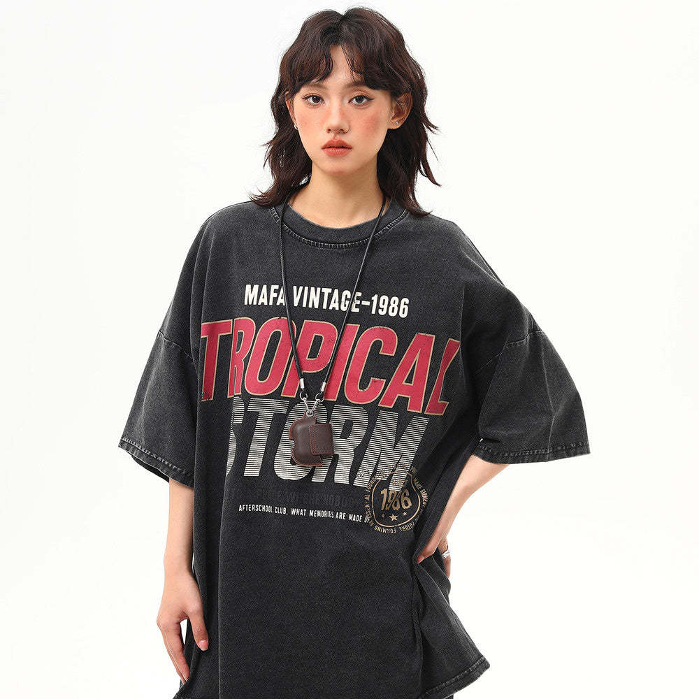 260G水洗重磅美式復古印花短袖T恤女夏季百搭中性上衣