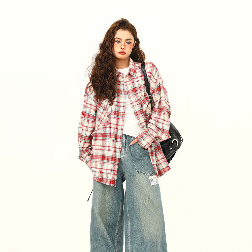 美式復古磨毛格紋長袖襯衫女秋季慵懶外穿格子寬鬆襯衣