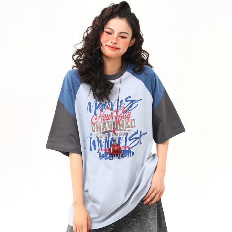 美式復古手繪塗鴉字母撞色插肩短袖T恤女設計感小眾t