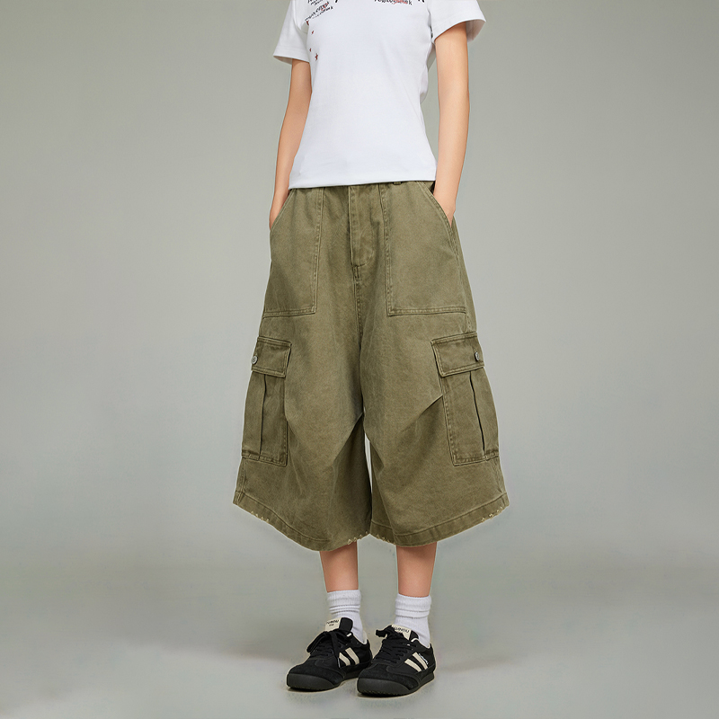 美式復古潮牌多口袋七分褲女新款百搭寬鬆顯瘦工裝短褲