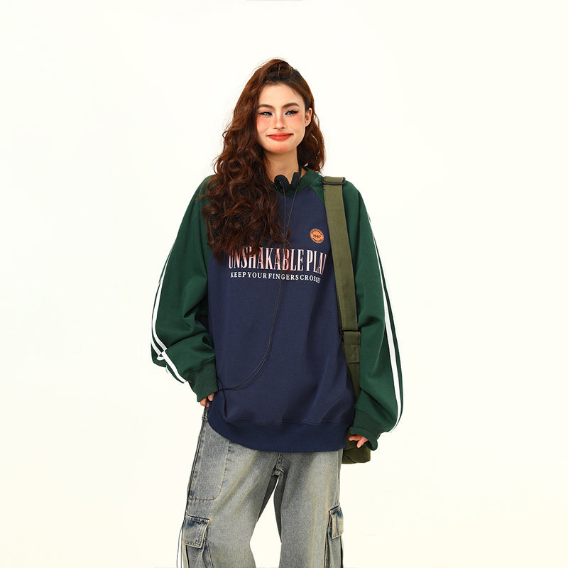 美式復古插肩袖撞色圓領衛衣女秋季百搭上衣