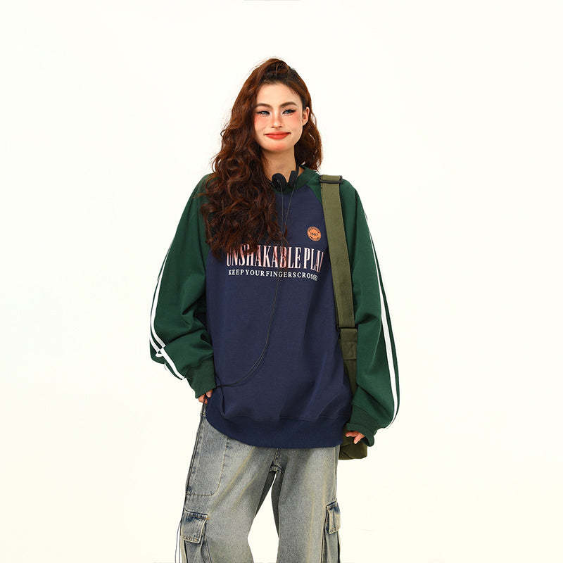 美式復古插肩袖撞色圓領衛衣女秋季百搭上衣