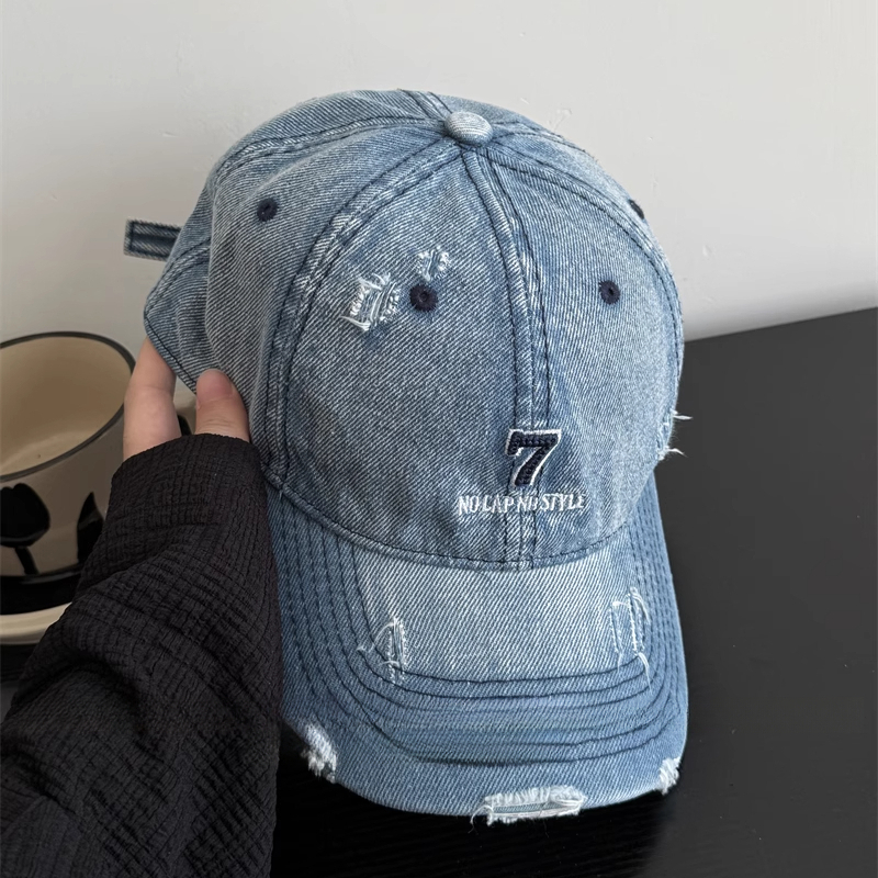 日系水洗牛仔數位7鴨舌帽帽子女顯臉小棒球帽夏