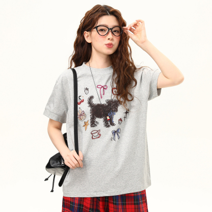 美式塗鴉小狗復古正肩T恤女夏季潮流微寬鬆顯瘦短款短袖
