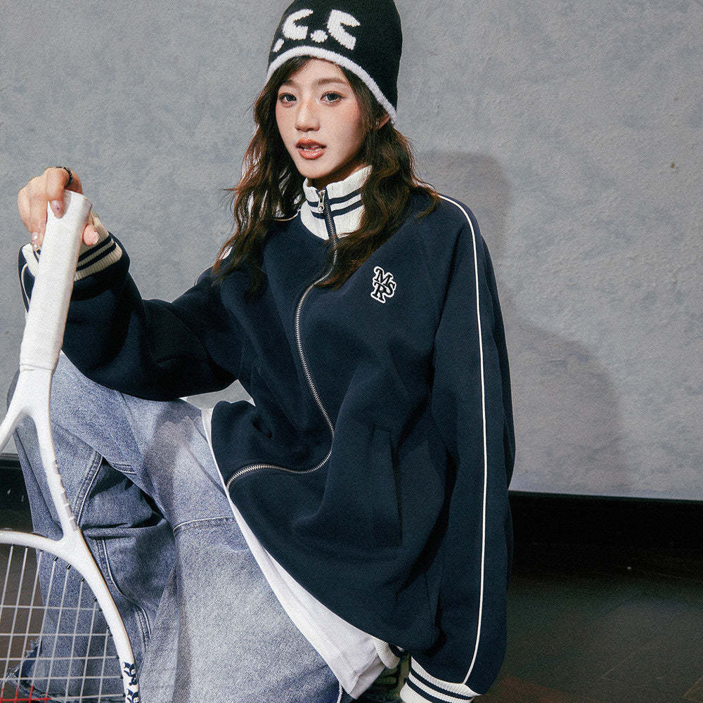 美式立領衛衣休閒寬鬆慵懶夾克上衣棒球服早秋外套女