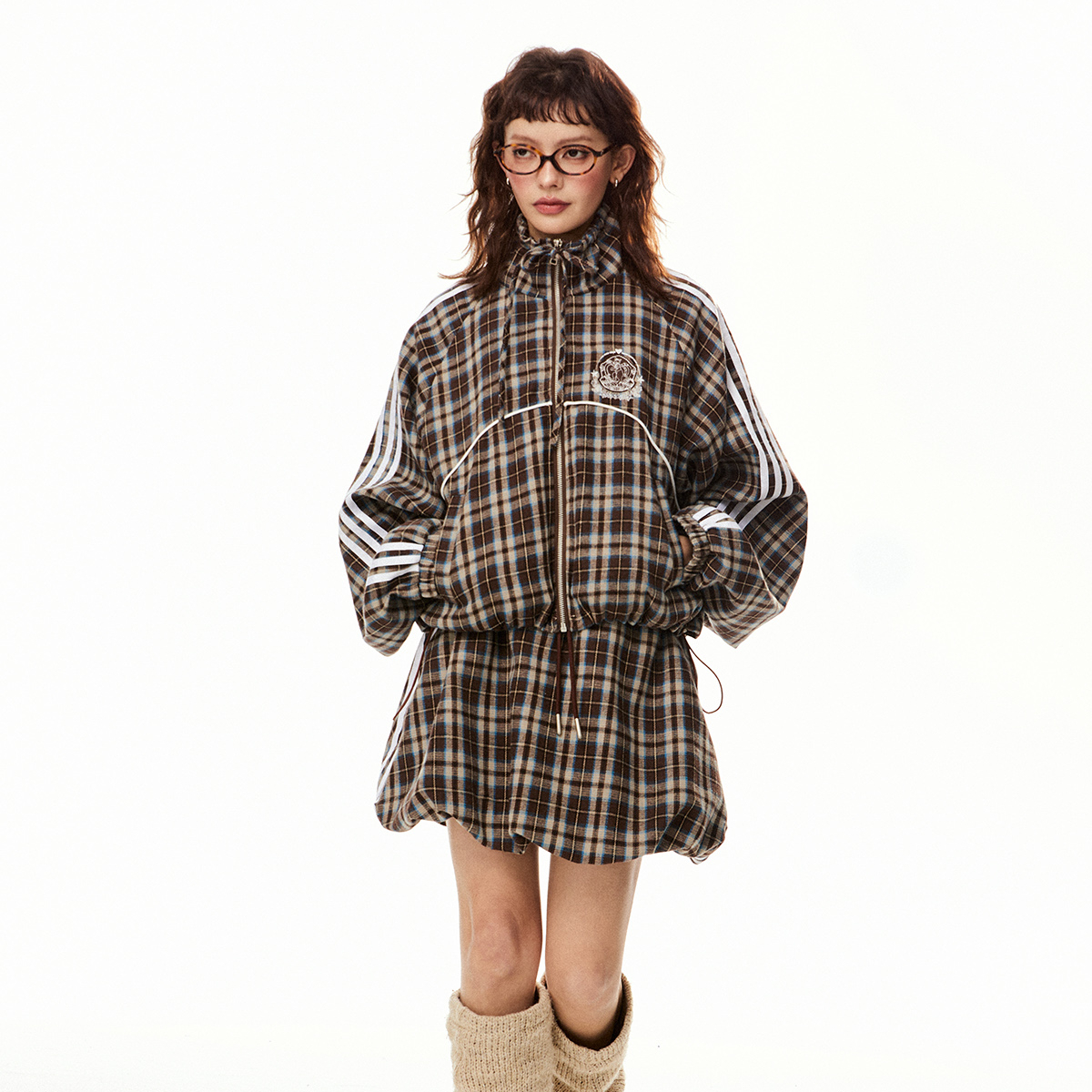 美式復古格子短款寬鬆外套套裝女春秋小個子短半身裙兩件套