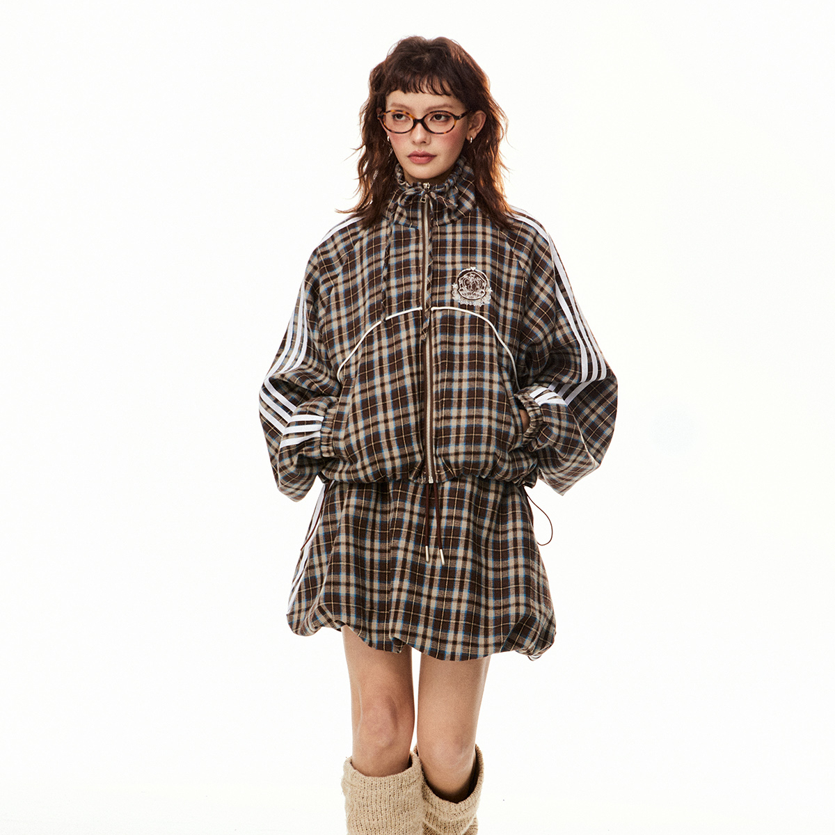 美式復古格子短款寬鬆外套套裝女春秋小個子短半身裙兩件套