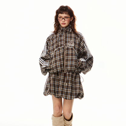 美式復古格子短款寬鬆外套套裝女春秋小個子短半身裙兩件套