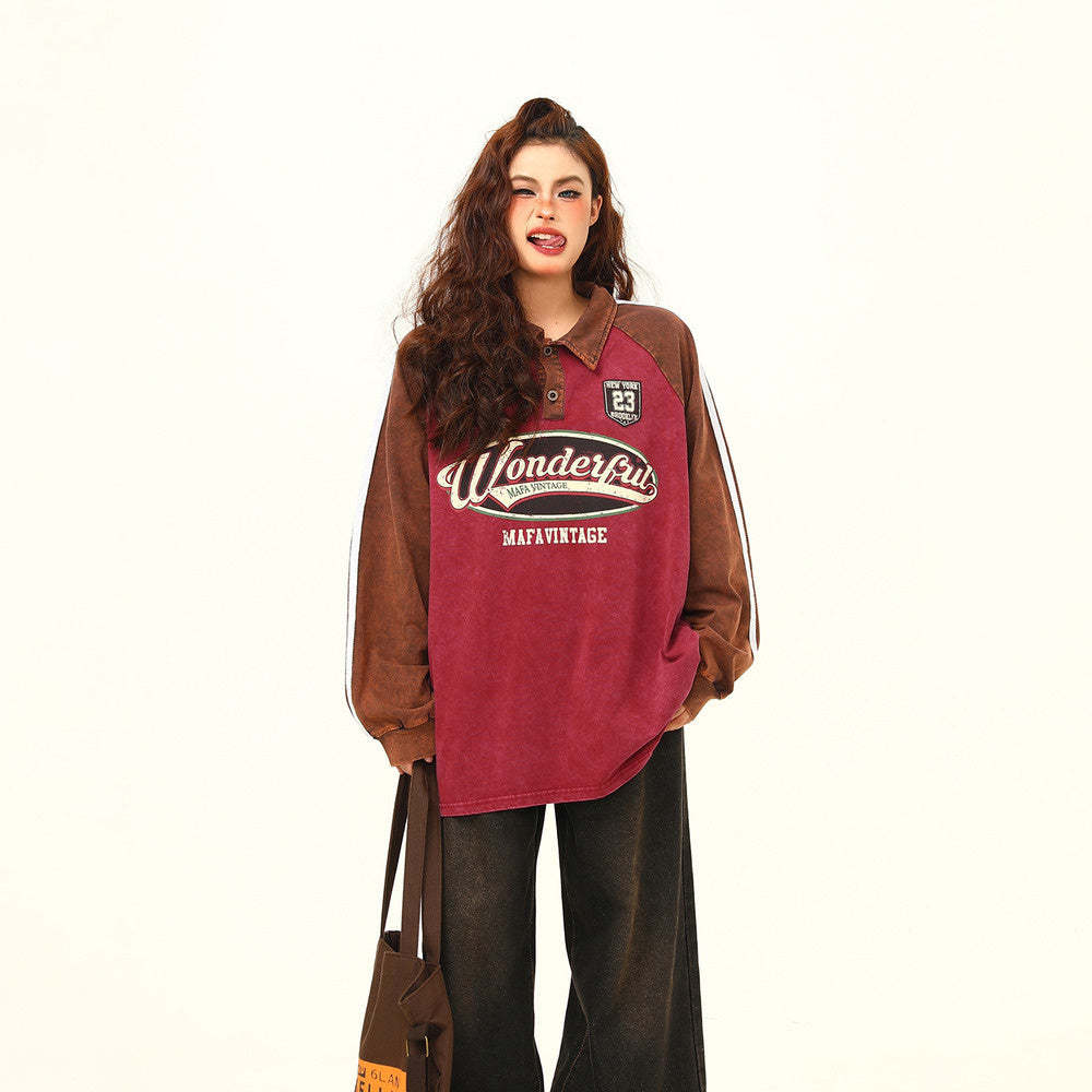 美式衛衣復古街頭學院風Polo領長袖女寬鬆百搭上衣