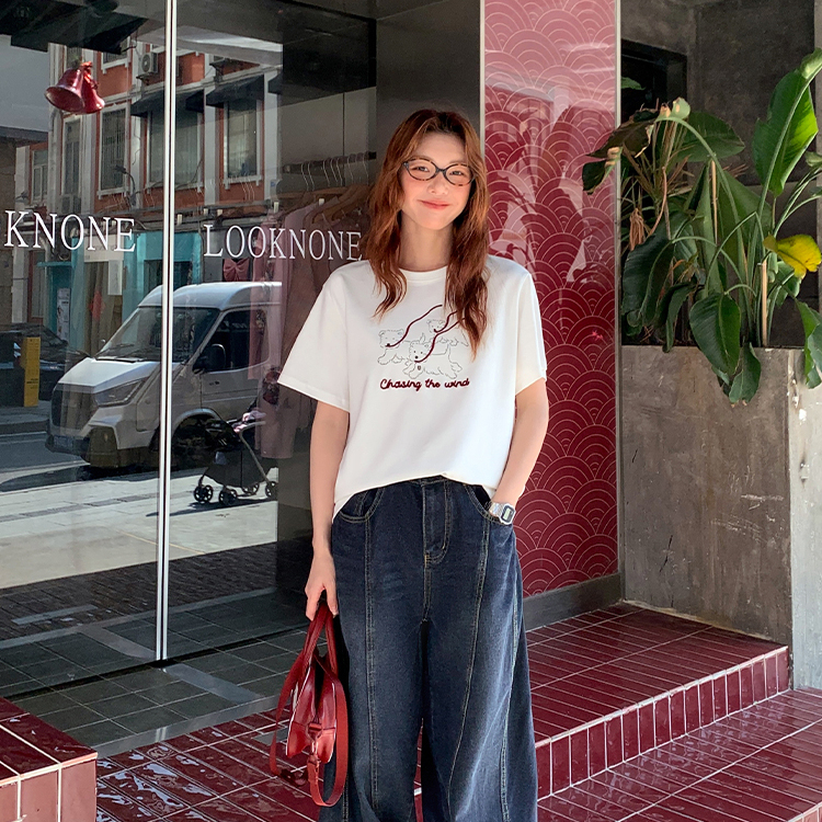 立體刺繡t恤短袖女新款休閒慵懶風小個子韓系圓領上衣
