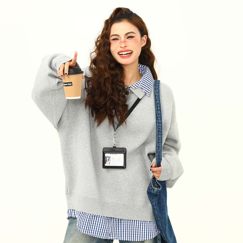 美式復古高級感假兩件翻領學院風毛衣女秋冬百搭針織衫