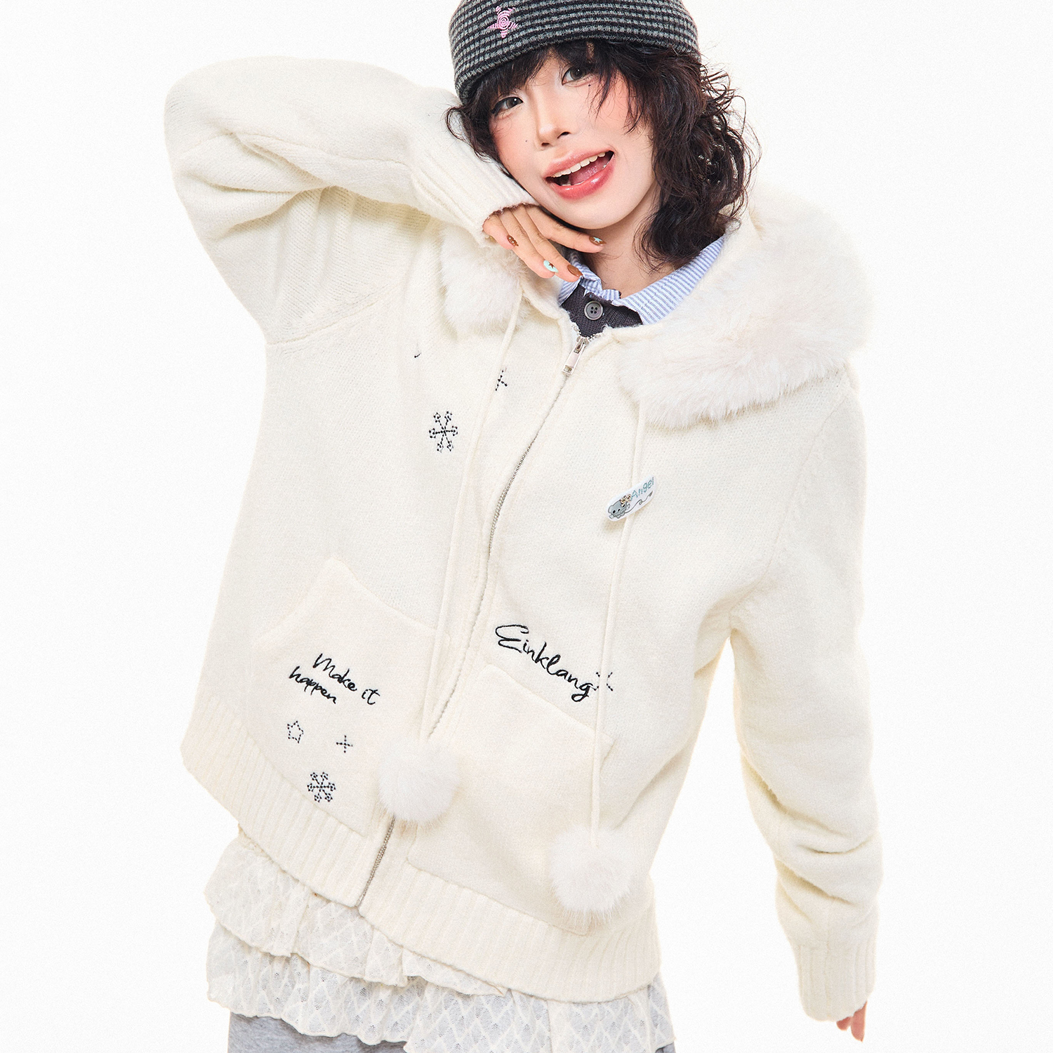 復古雪花刺繡毛領連帽針織開衫外套女冬季慵懶感寬鬆毛衣上衣