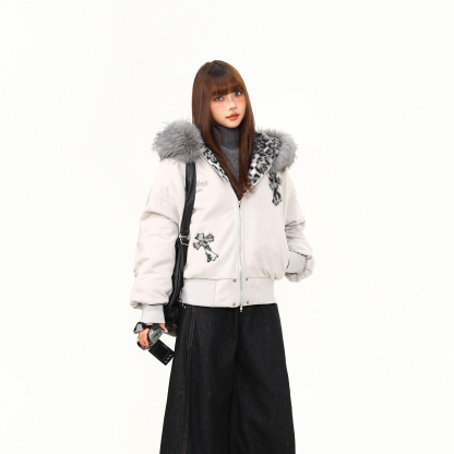 豹紋十字架座山雕棉服女美式潮牌寬鬆加絨連帽冬季外套