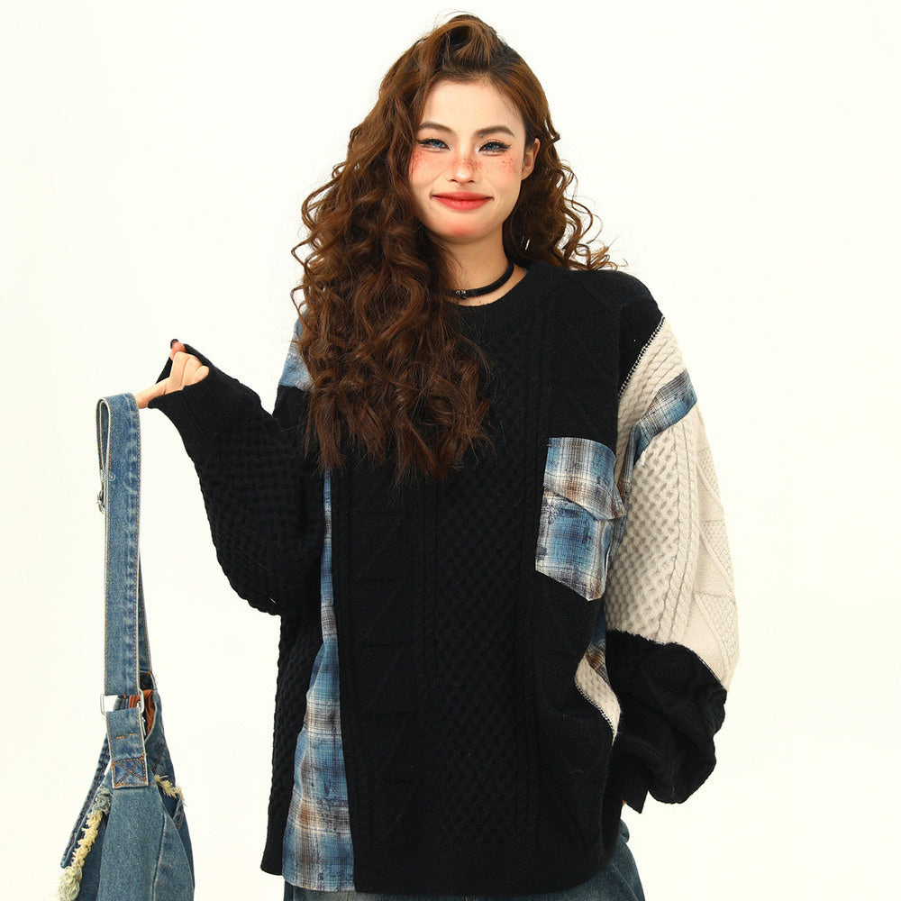 美式街頭拼接設計感毛衣女秋冬寬鬆慵懶嘻哈麻花針織衫