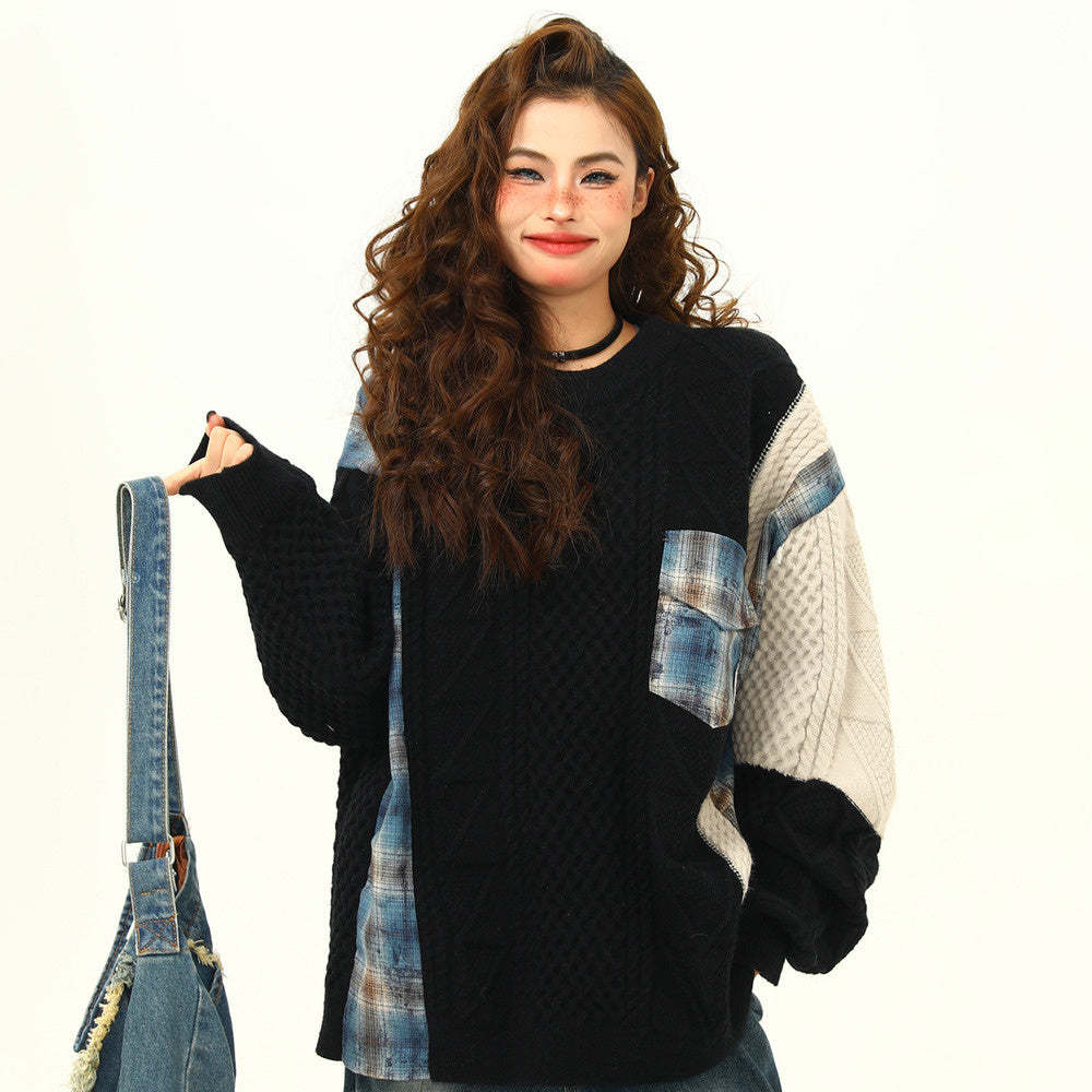 美式街頭拼接設計感毛衣女秋冬寬鬆慵懶嘻哈麻花針織衫