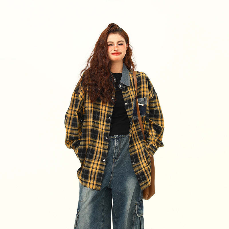 高級感外穿格子襯衫女復古寬鬆百搭早秋黃色格紋襯衣
