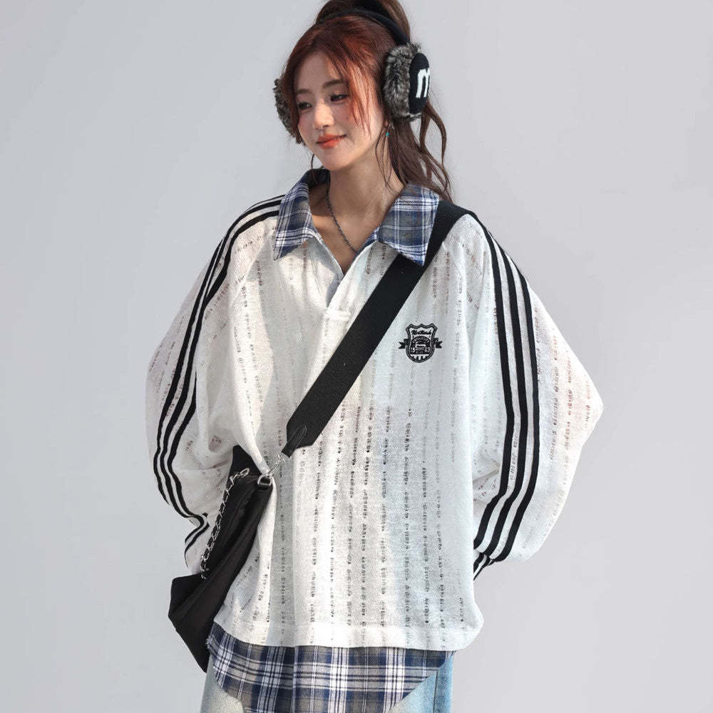 美式復古格子拼接假兩件polo衛衣女春秋鏤空長袖上衣
