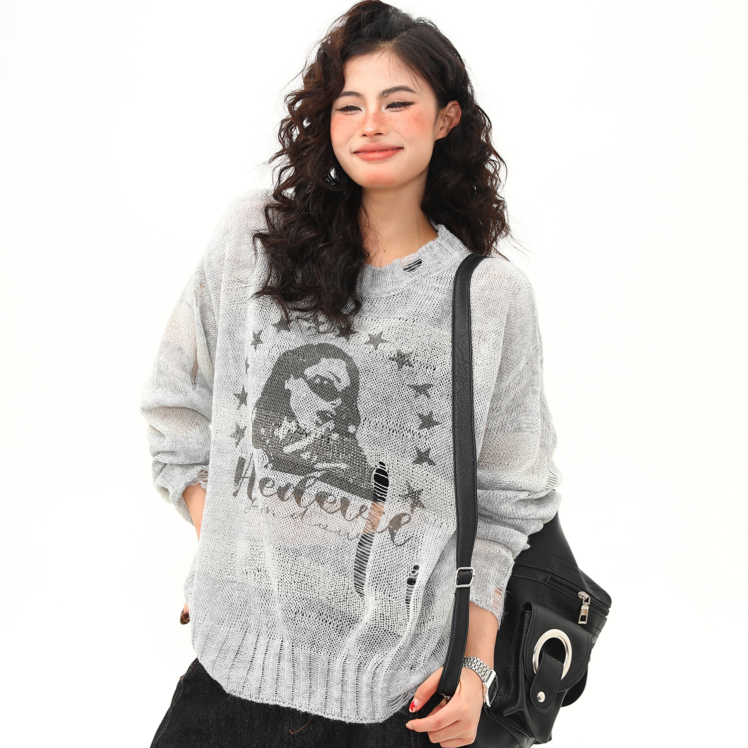 美式復古印花破洞鏤空防曬長袖罩衫女夏季慵懶風針織上衣