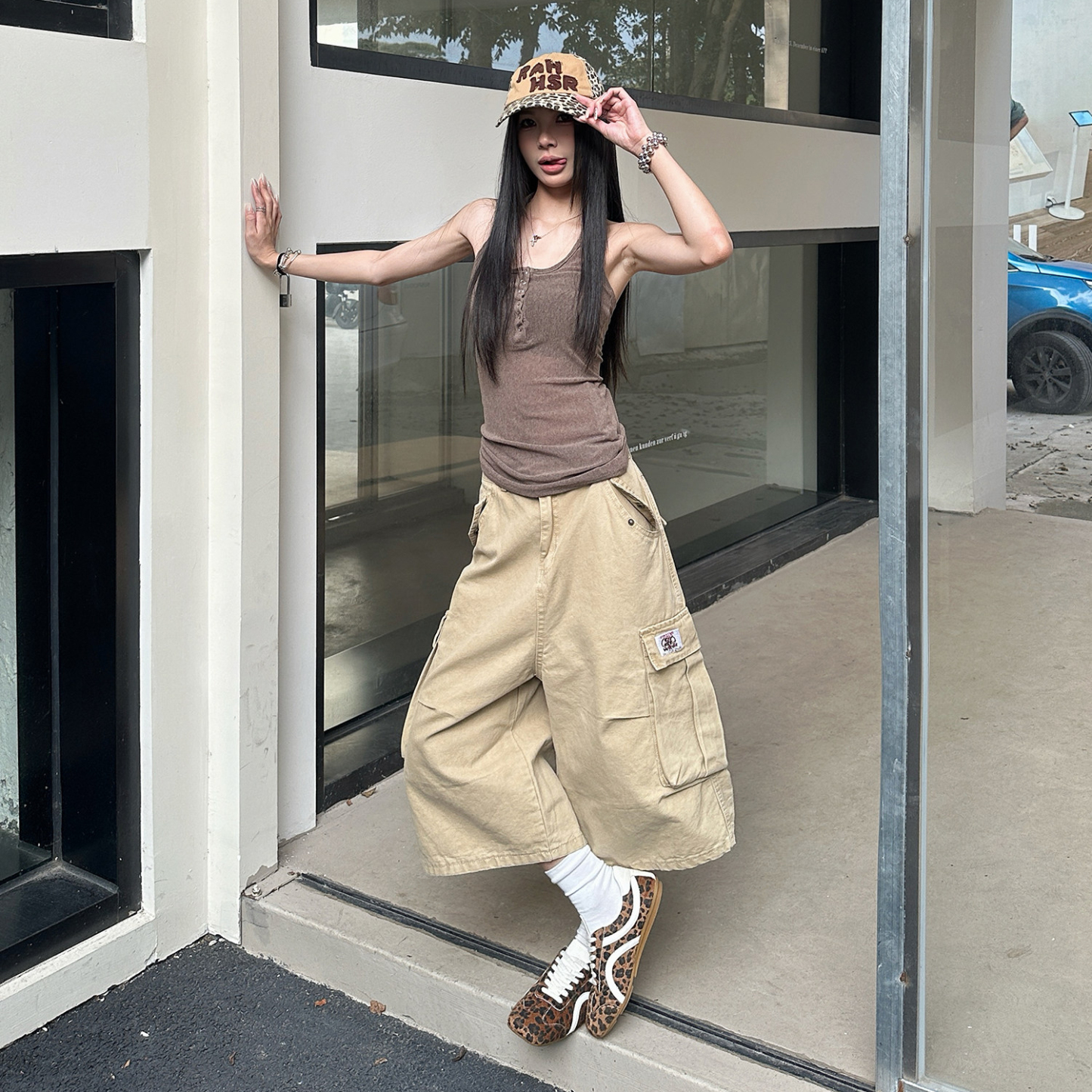 美式復古多口袋工裝褲女夏季七分褲潮寬鬆闊腿潮流短褲子