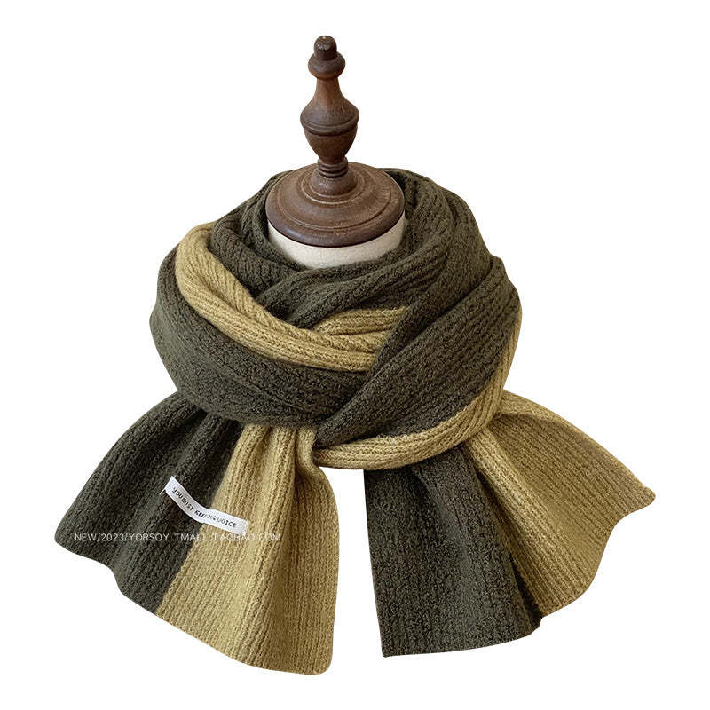 含羊毛拼色圍巾女冬季復古深灰色保暖加厚針織毛線高級感圍脖